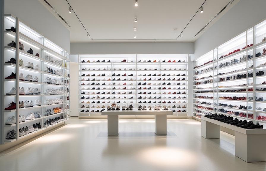 Bright and modern interior of the Aviary Athletics Soho store, featuring a stunning, well-lit wall displaying a diverse collection of premium sneakers.